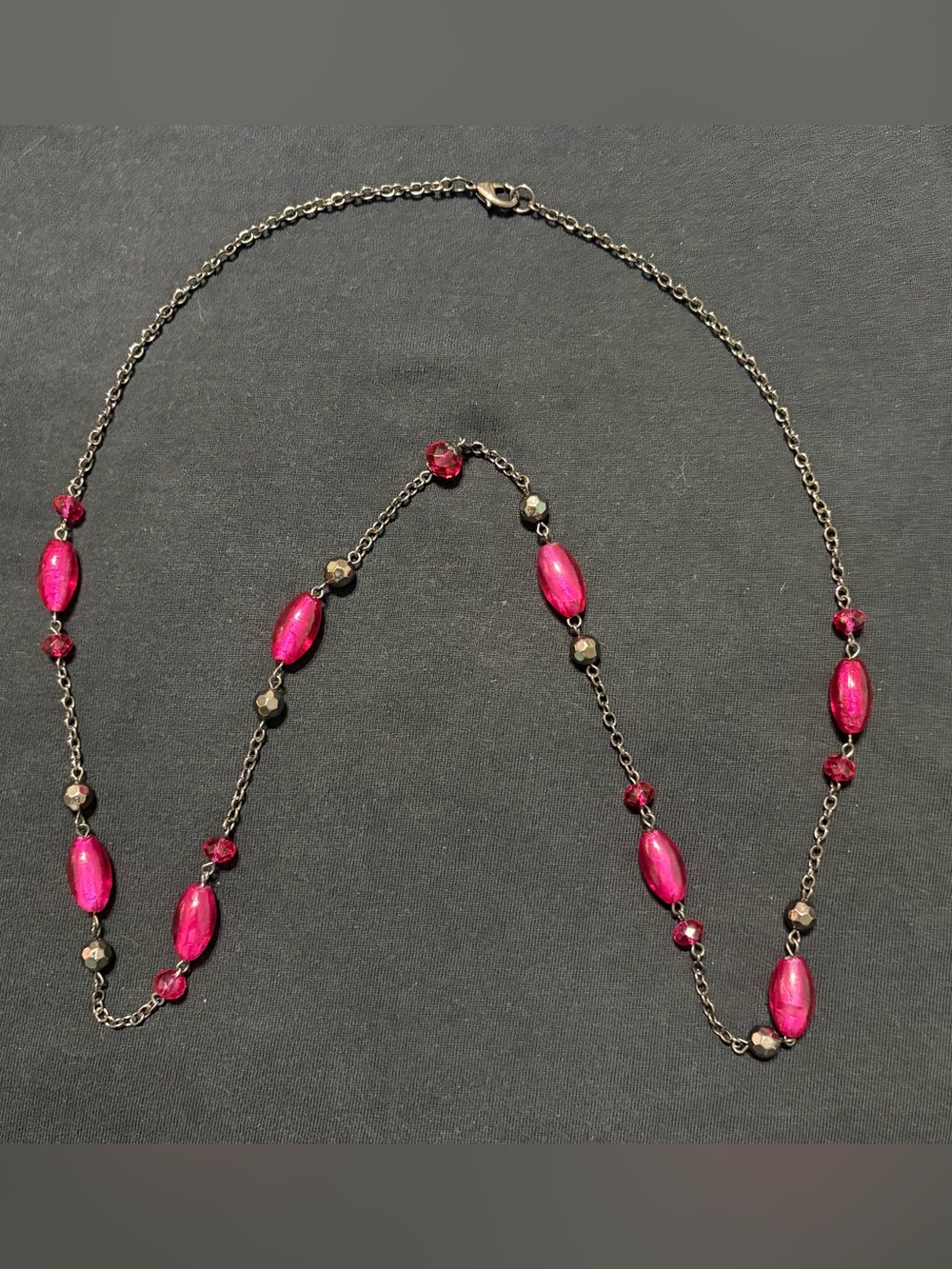 36” Long Fuchsia Pink Beaded Station Necklace Gunmetal Chain Faceted Beads